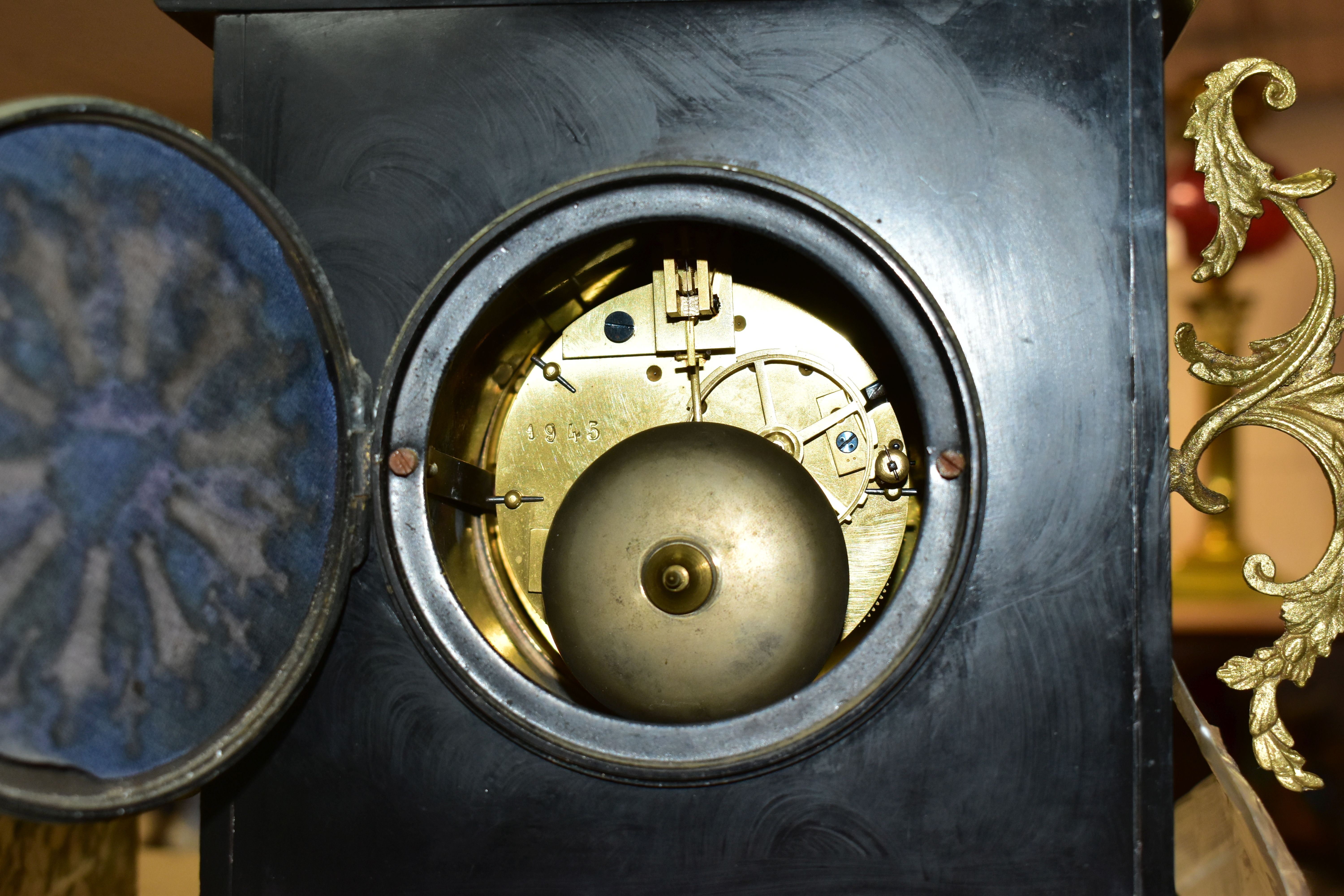 TWO LATE 19TH CENTURY BLACK SLATE MANTEL CLOCKS, both with enamel dials, Arabic numerals, 8 day - Image 5 of 7