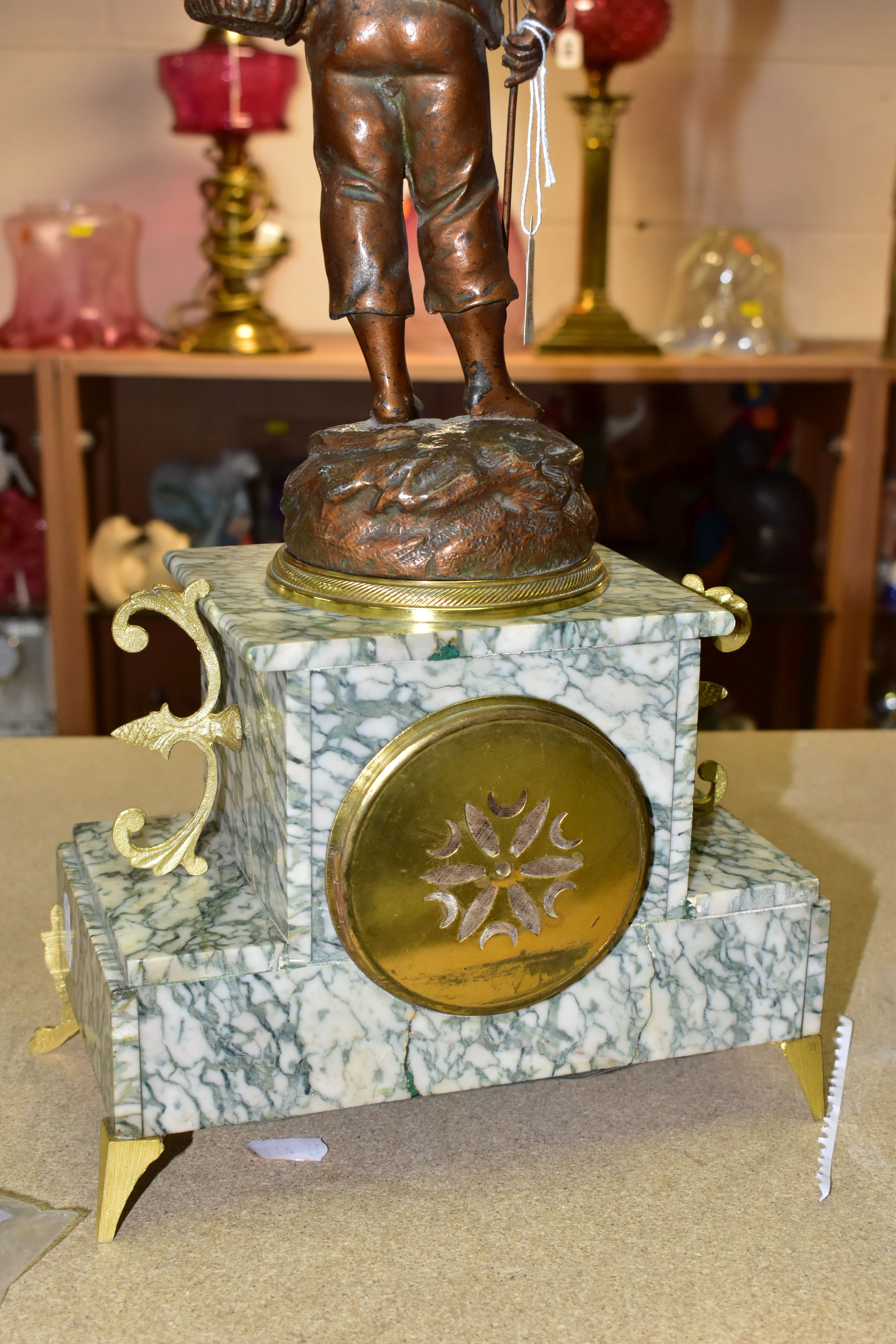 A LATE 19TH CENTURY GREY / GREEN VEINED MARBLE FIGURAL MANTEL CLOCK, surmounted with a fisherman - Image 5 of 6