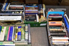 BOOKS, four boxes containing approximately 120 titles in hardback and paperback formats concerning