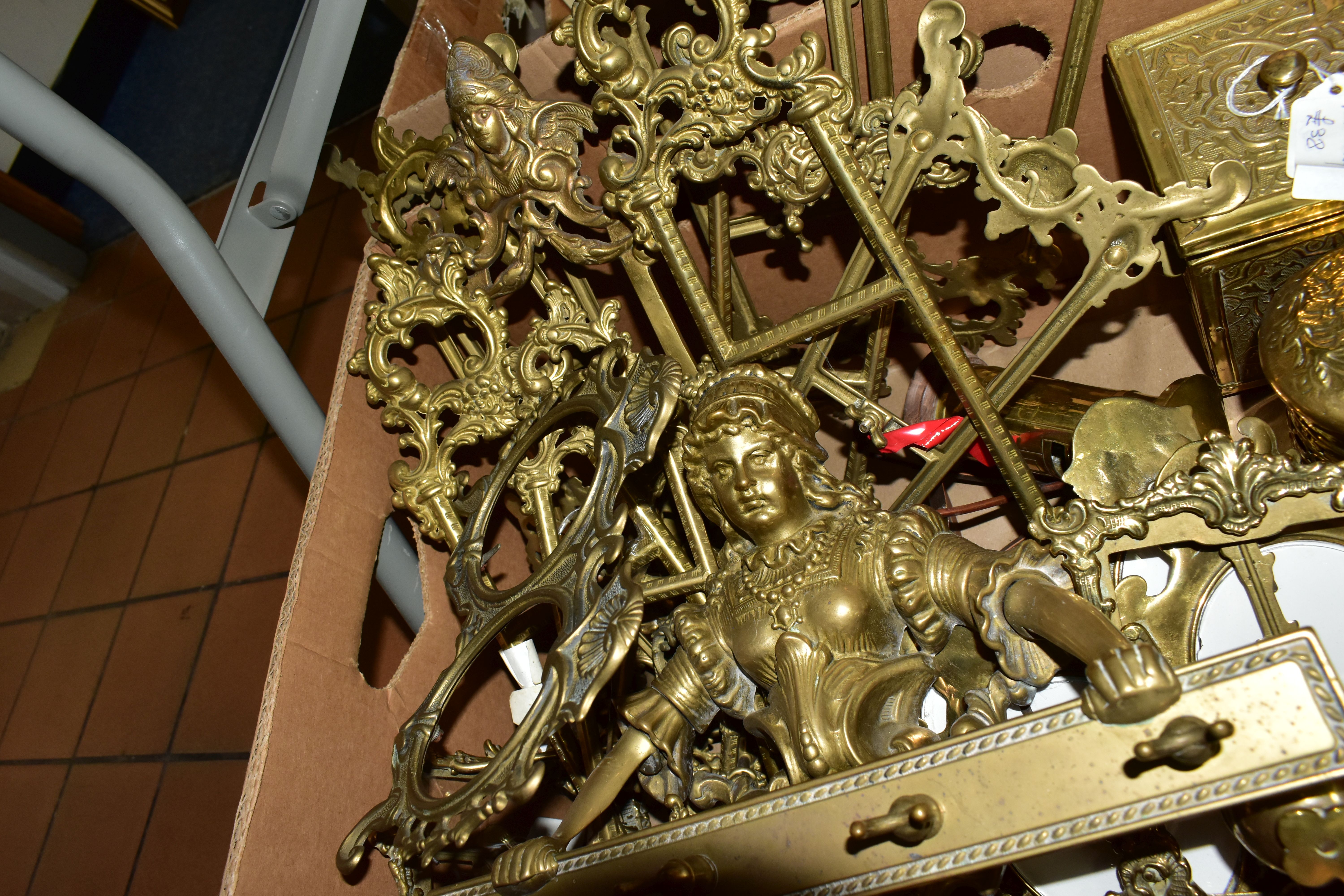 BRASS, METALWARE & WOOD, five boxes containing a mixed collection of brassware (picture frames, - Image 4 of 6