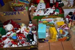 SIX BOXES OF CHRISTMAS ORNAMENTS AND SOFT TOYS, to include over twenty Christmas soft toys,