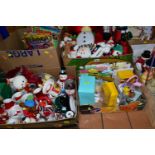 SIX BOXES OF CHRISTMAS ORNAMENTS AND SOFT TOYS, to include over twenty Christmas soft toys,