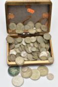 A TIN CONTAINING PRE 1947 UK SILVER COINS, with approx 1.3 kilo of .500 silver etc