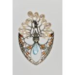 A PLIQUE A JOUR BROOCH, of a shield shape, set with marcasite and cultured pearls, suspending a