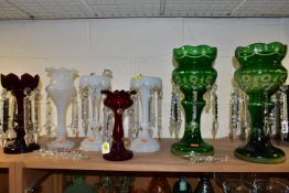 A PAIR OF 20TH CENTURY GREEN FLASH CUT LUSTRES AND FIVE OTHER COLOURED GLASS LUSTRES, the majority