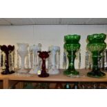 A PAIR OF 20TH CENTURY GREEN FLASH CUT LUSTRES AND FIVE OTHER COLOURED GLASS LUSTRES, the majority