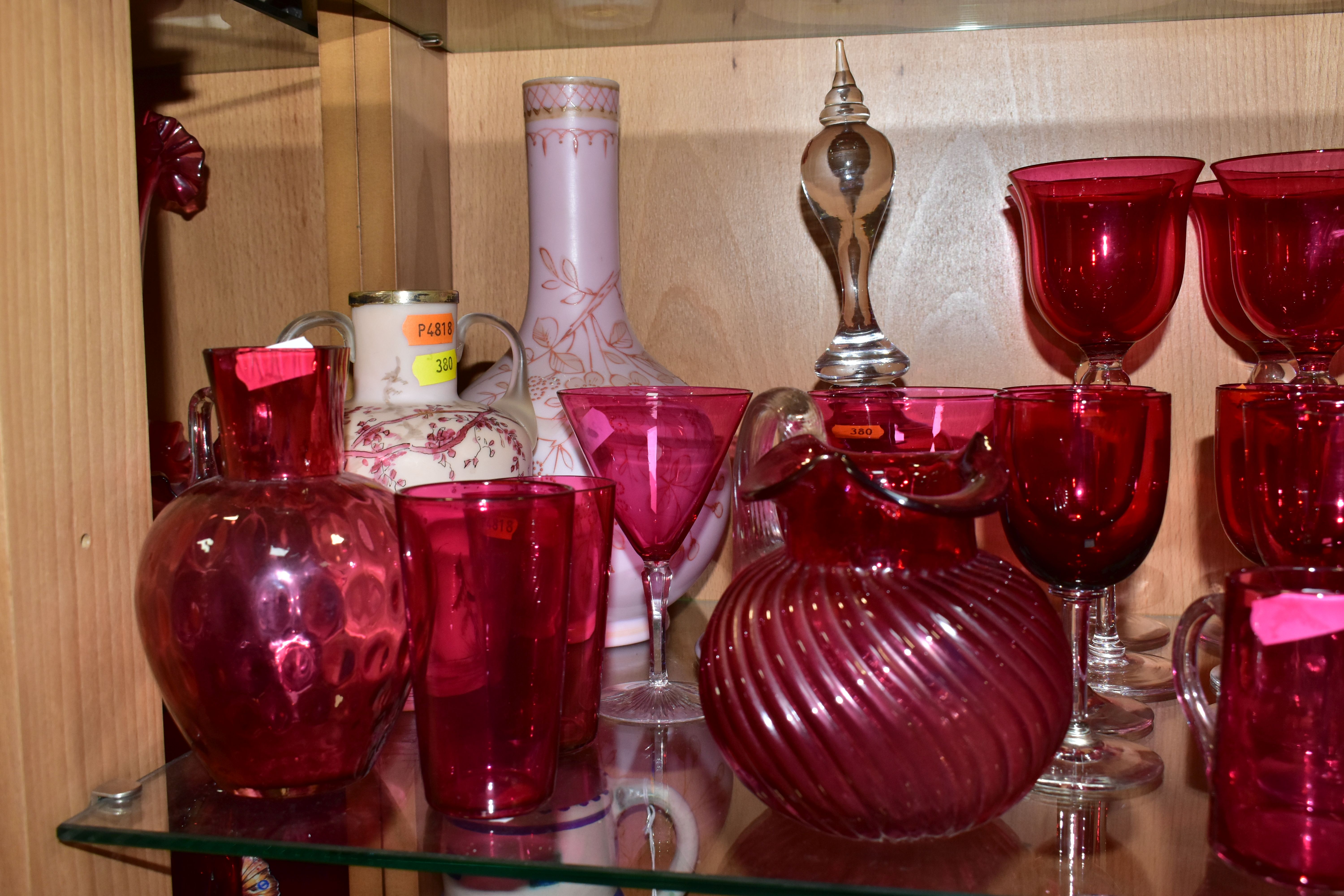 A COLLECTION OF VICTORIAN AND 20TH CENTURY COLOURED GLASSWARE, mostly cranberry glass, including a - Image 2 of 8