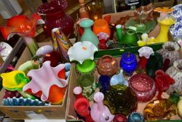 THREE BOXES AND LOOSE COLOURED GLASSWARES, to include press moulded Vaseline glass and Carnival