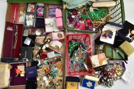 A BOX OF ASSORTED COSTUME JEWELLERY AND WRISTWATCHES, to include a selection of beaded necklaces,