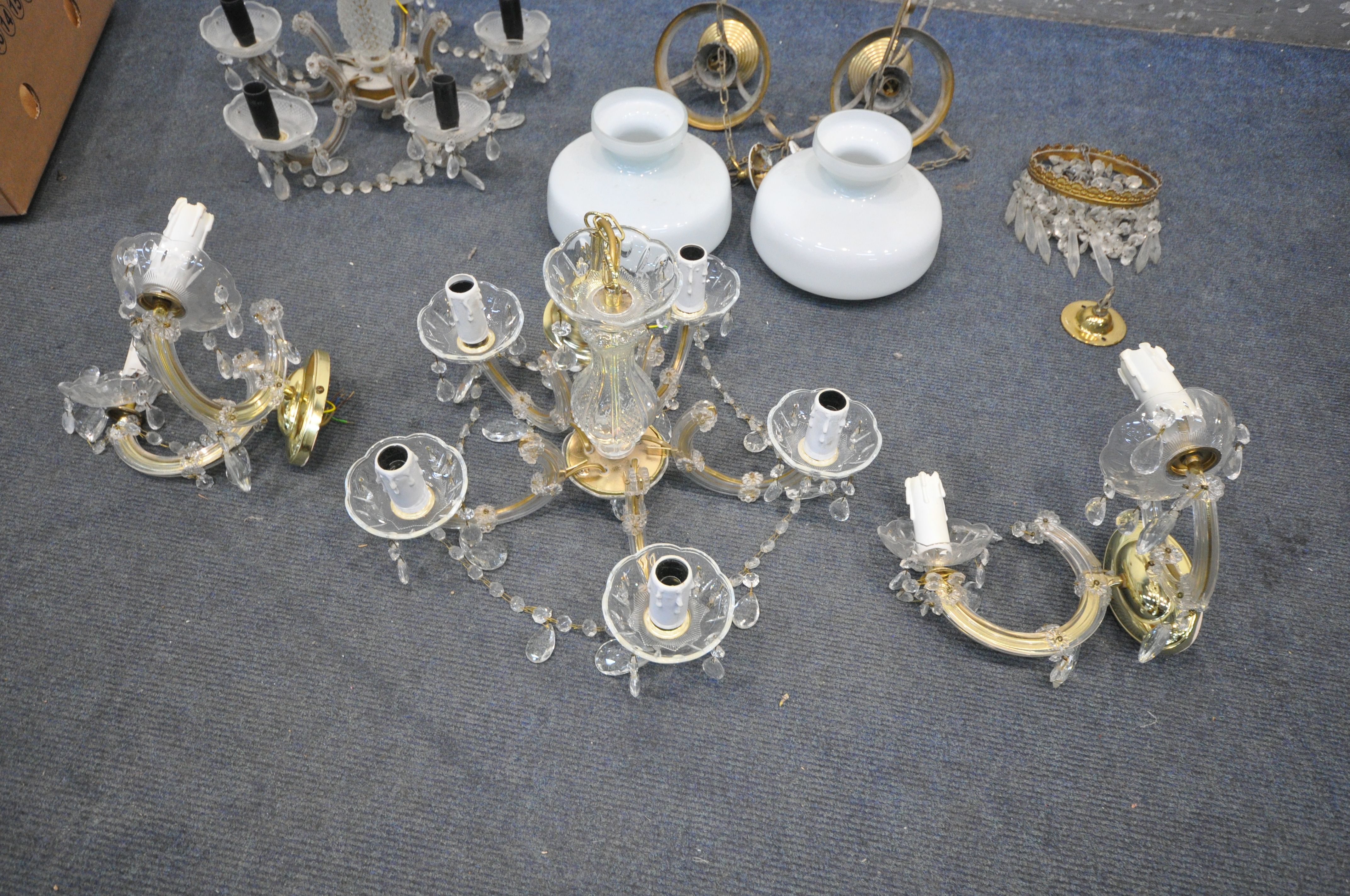 A SELECTION OF LIGHTING, to include a pair of brass ceiling lights with white shades, two - Image 3 of 3