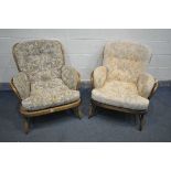 A PAIR OF ERCOL GOLDEN DAWN ARMCHAIRS (condition:-damaged/missing straps for seats, temporary