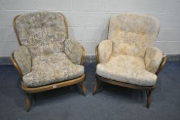 A PAIR OF ERCOL GOLDEN DAWN ARMCHAIRS (condition:-damaged/missing straps for seats, temporary