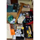 TWO BOXES AND LOOSE ART AND CRAFT MATERIALS, to include a cased Frister Rossmann sewing machine, a