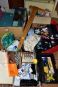 TWO BOXES AND LOOSE ART AND CRAFT MATERIALS, to include a cased Frister Rossmann sewing machine, a
