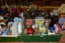 FIVE BOXES OF MISCELLANEOUS HOUSEWARES AND SUNDRY ITEMS, to include collectable tins, clocks, two