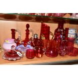 A QUANTITY OF 19TH AND 20TH CENTURY CRANBERRY AND OTHER GLASSWARE, including a pair of late
