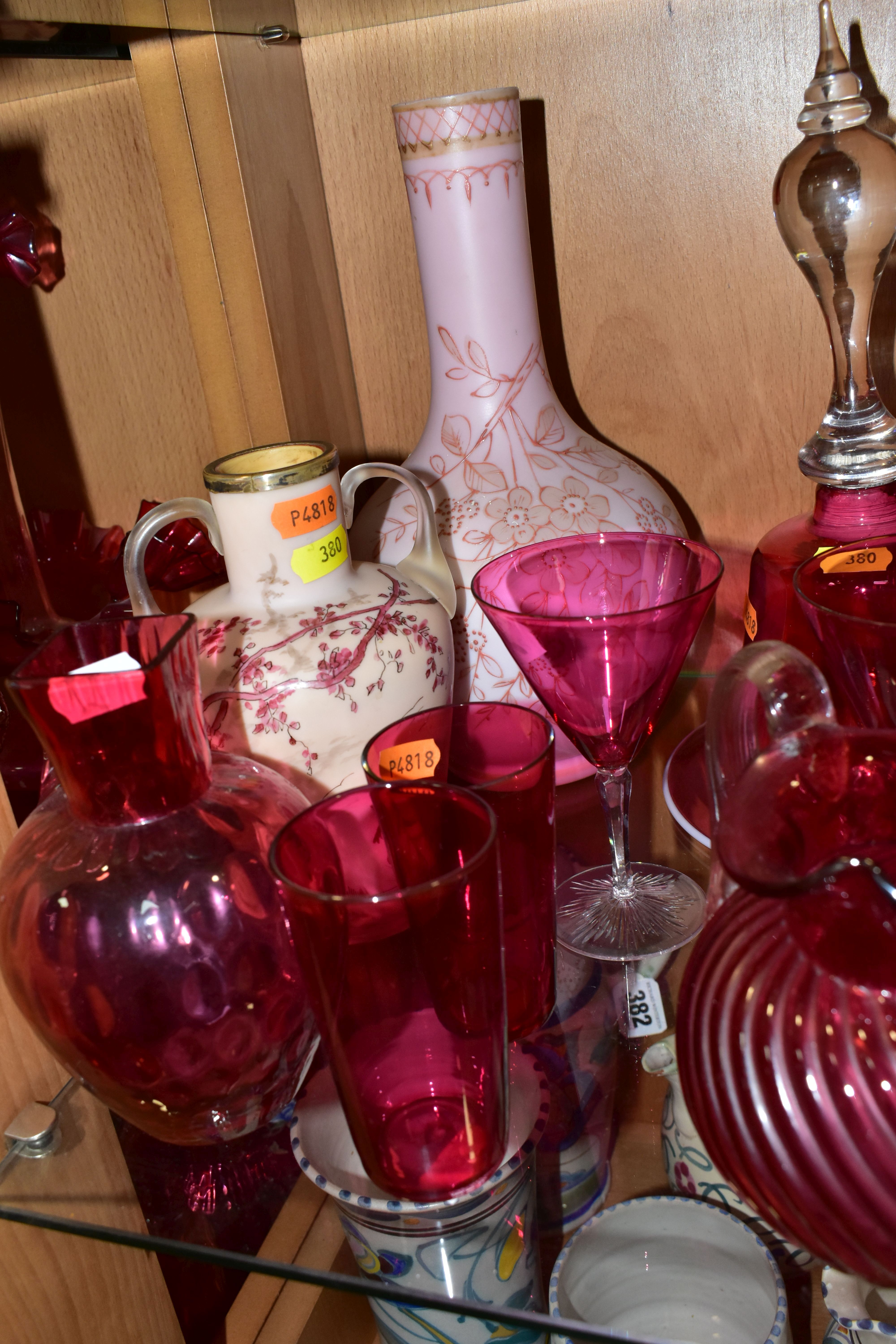 A COLLECTION OF VICTORIAN AND 20TH CENTURY COLOURED GLASSWARE, mostly cranberry glass, including a - Image 6 of 8