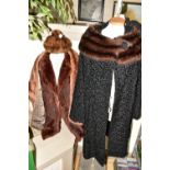 A FUR COAT, TWO WINTER COATS AND FUR ACCESSORIES, comprising a mid-brown fur coat length