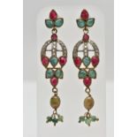 A PAIR OF GEM SET EARRINGS, yellow and white metal openwork drop earrings comprised of colored and