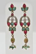 A PAIR OF GEM SET EARRINGS, yellow and white metal openwork drop earrings comprised of colored and