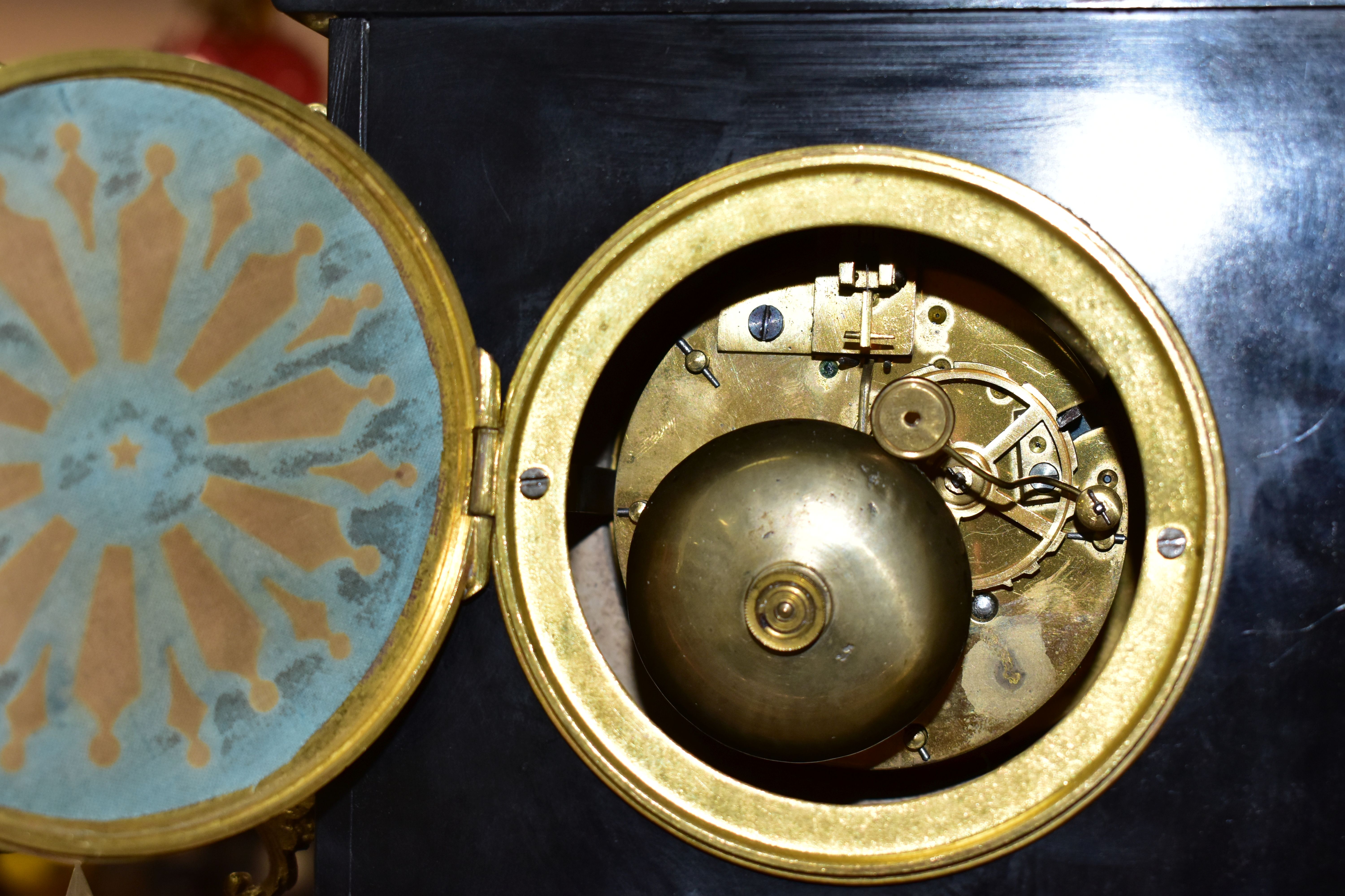 TWO LATE 19TH CENTURY BLACK SLATE MANTEL CLOCKS, both with enamel dials, Arabic numerals, 8 day - Image 6 of 7