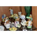 NINE BESWICK BEATRIX POTTER CHARACTER FIGURES AND A BESWICK TREE STUMP DISPLAY STAND, the figures