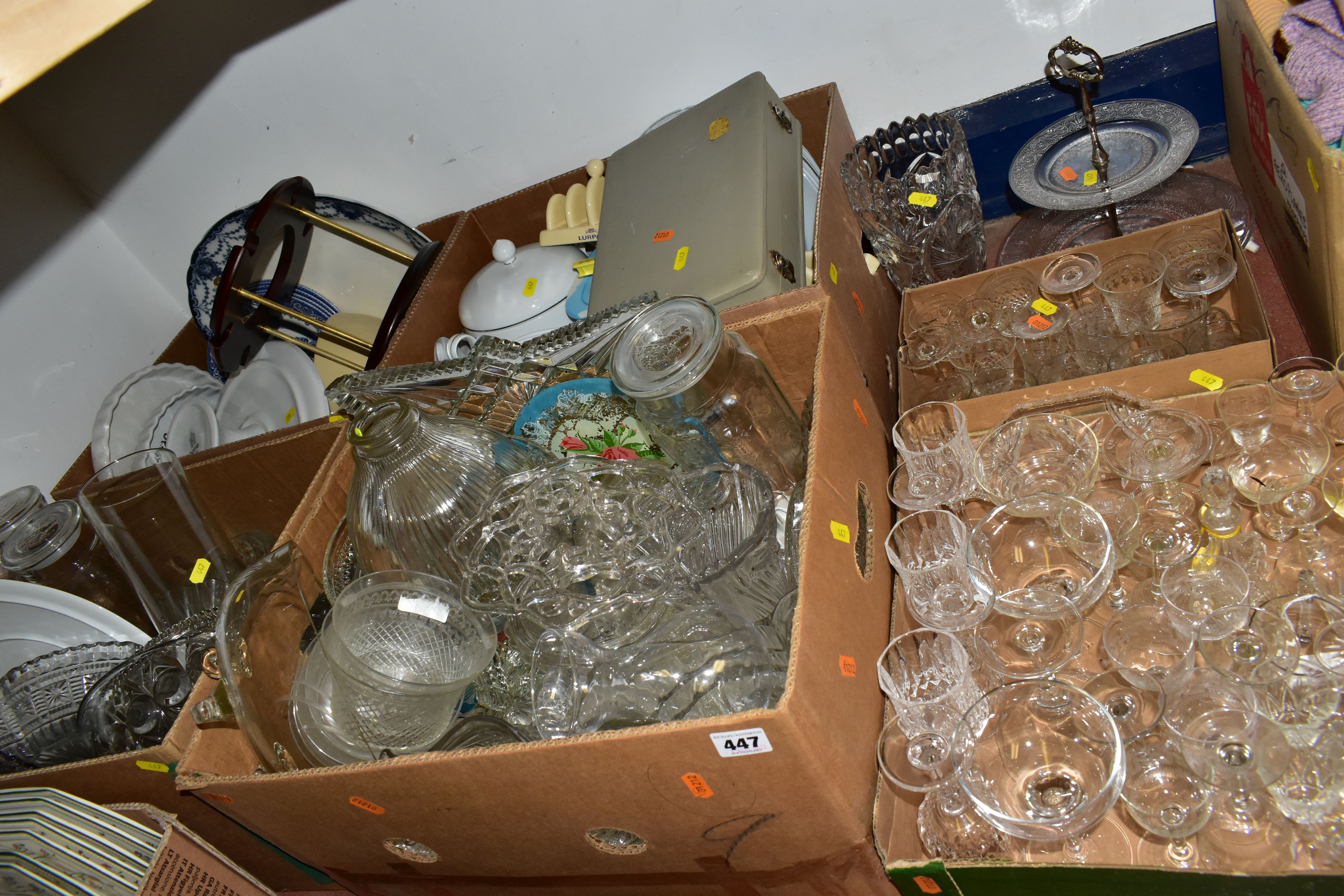 SIX BOXES OF GLASS WARE AND CERAMICS, to include a boxed presentation miniature set of 'Moser