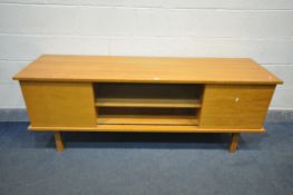 A MID-CENTURY OAK FINISH SIDEBOARD, with double fold-out doors, width 181cm x depth 51cm x height