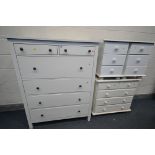 A MODERN CREAM CHEST OF SIX VARIOUS DRAWERS, width 108cm x depth 50cm x height 131cm, along with a