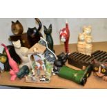 A LARGE COLLECTION OF CAT ORNAMENTS, comprising of sixteen wooden, resin, and ceramic cat figures, a