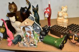 A LARGE COLLECTION OF CAT ORNAMENTS, comprising of sixteen wooden, resin, and ceramic cat figures, a