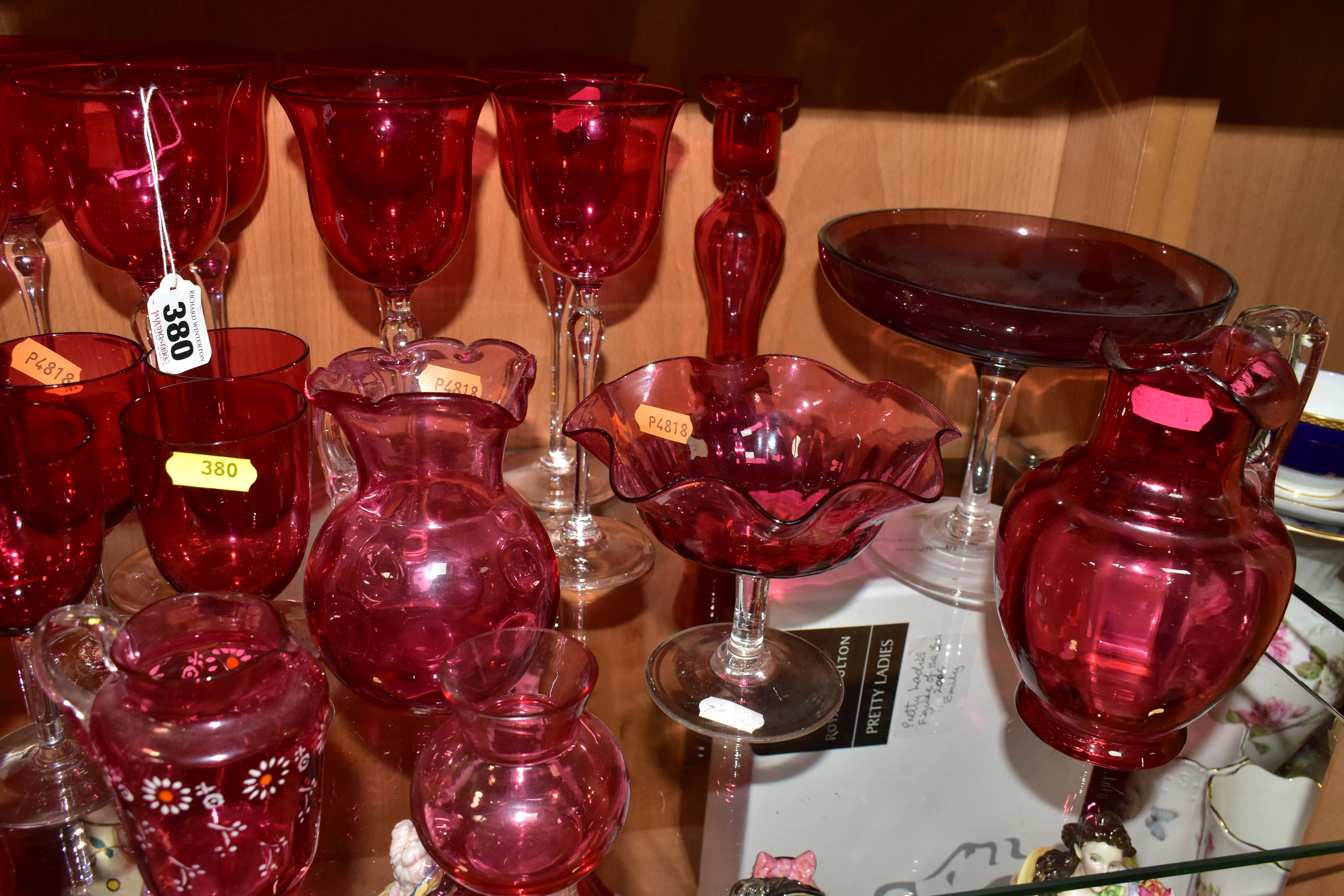A COLLECTION OF VICTORIAN AND 20TH CENTURY COLOURED GLASSWARE, mostly cranberry glass, including a - Image 4 of 8
