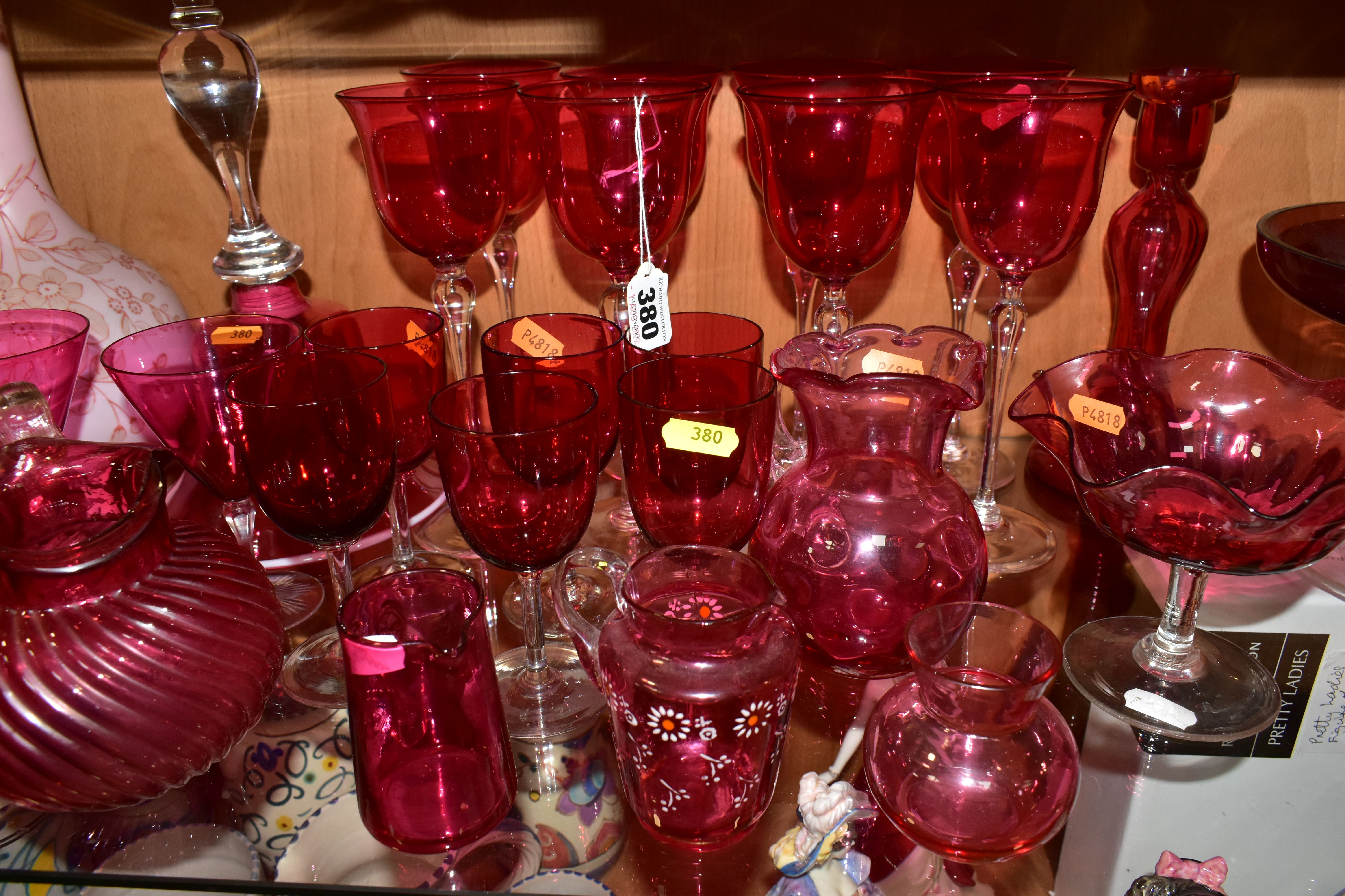 A COLLECTION OF VICTORIAN AND 20TH CENTURY COLOURED GLASSWARE, mostly cranberry glass, including a - Image 5 of 8