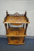 A LATE 19TH CENTURY BURR WALNUT, MARQUETRY AND TUNBRIDGE INLAID THREE TIER WHATNOT, with an open