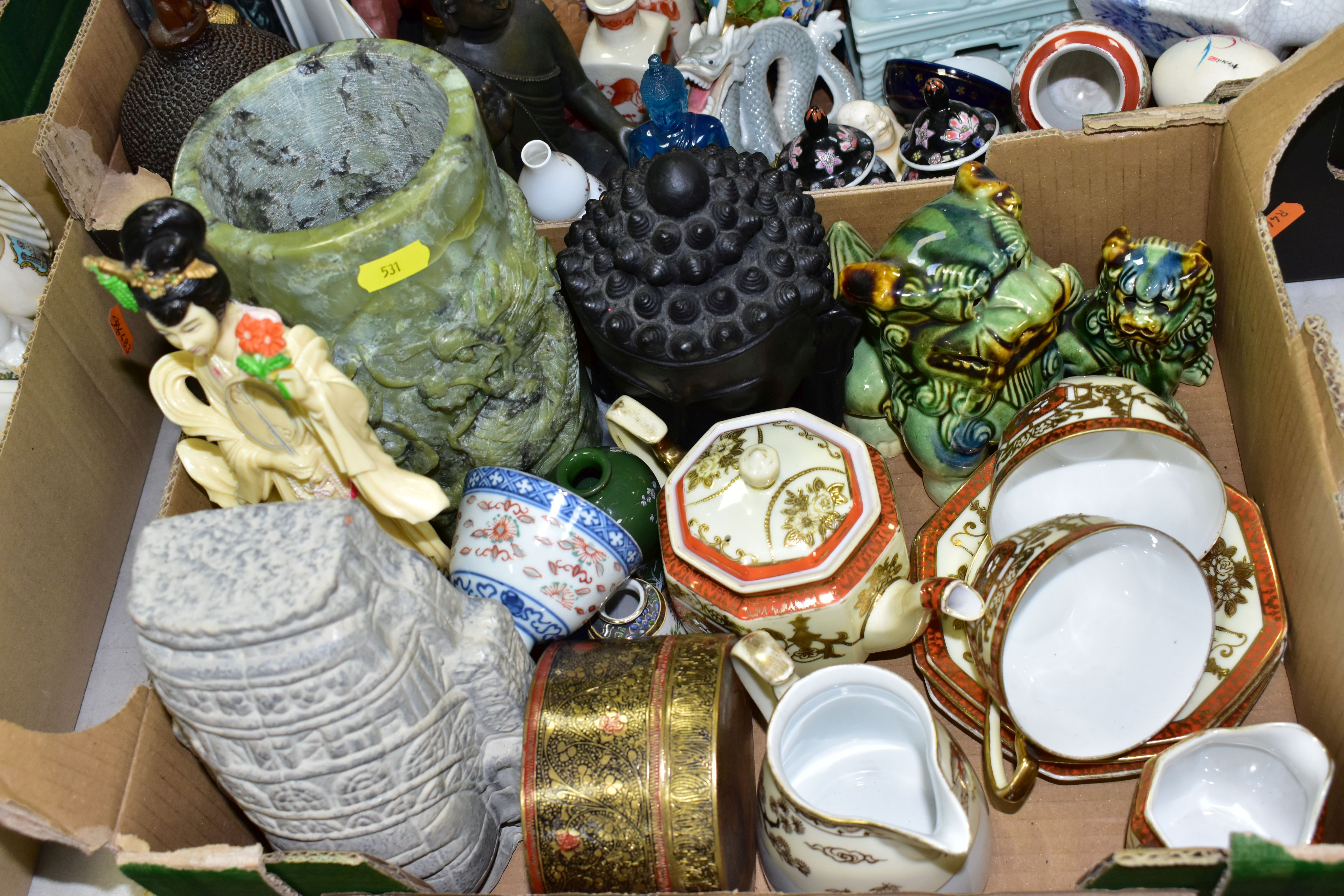 TWO BOXES OF ORIENTAL AND BUDDHIST WARES ETC, to include a nephrite brush pot on a soapstone base, - Image 2 of 3