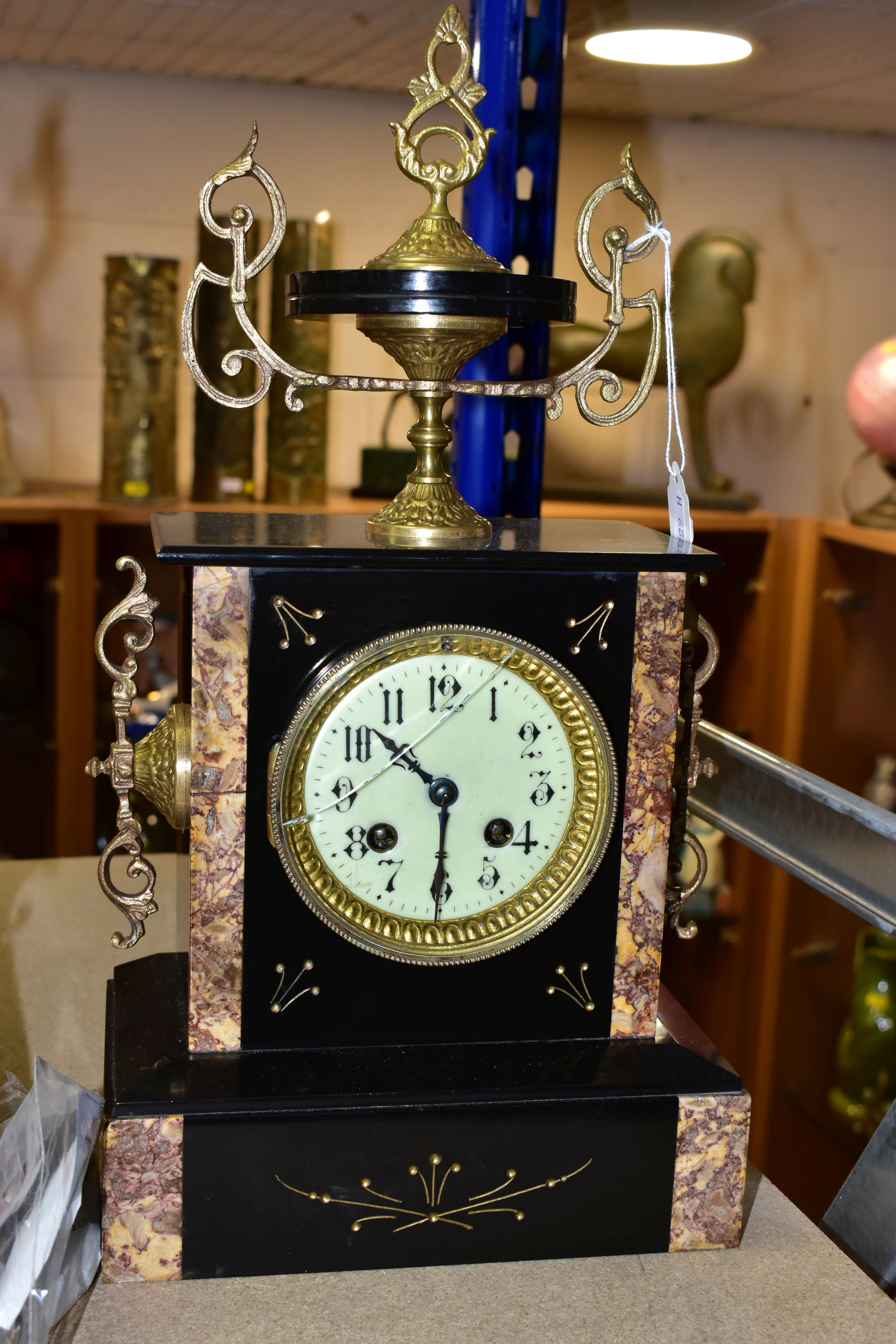 TWO LATE 19TH CENTURY BLACK SLATE MANTEL CLOCKS, both with enamel dials, Arabic numerals, 8 day - Image 2 of 7