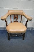 A 20TH CENTURY CHIPPENDALE STYLE OPEN ARMCHAIR, with flat armrests and salmon pink leatherette