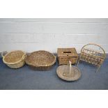 A SELECTION OF WICKER ITEMS, to include a mid-century bamboo magazine rack, three various baskets