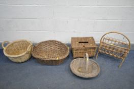 A SELECTION OF WICKER ITEMS, to include a mid-century bamboo magazine rack, three various baskets