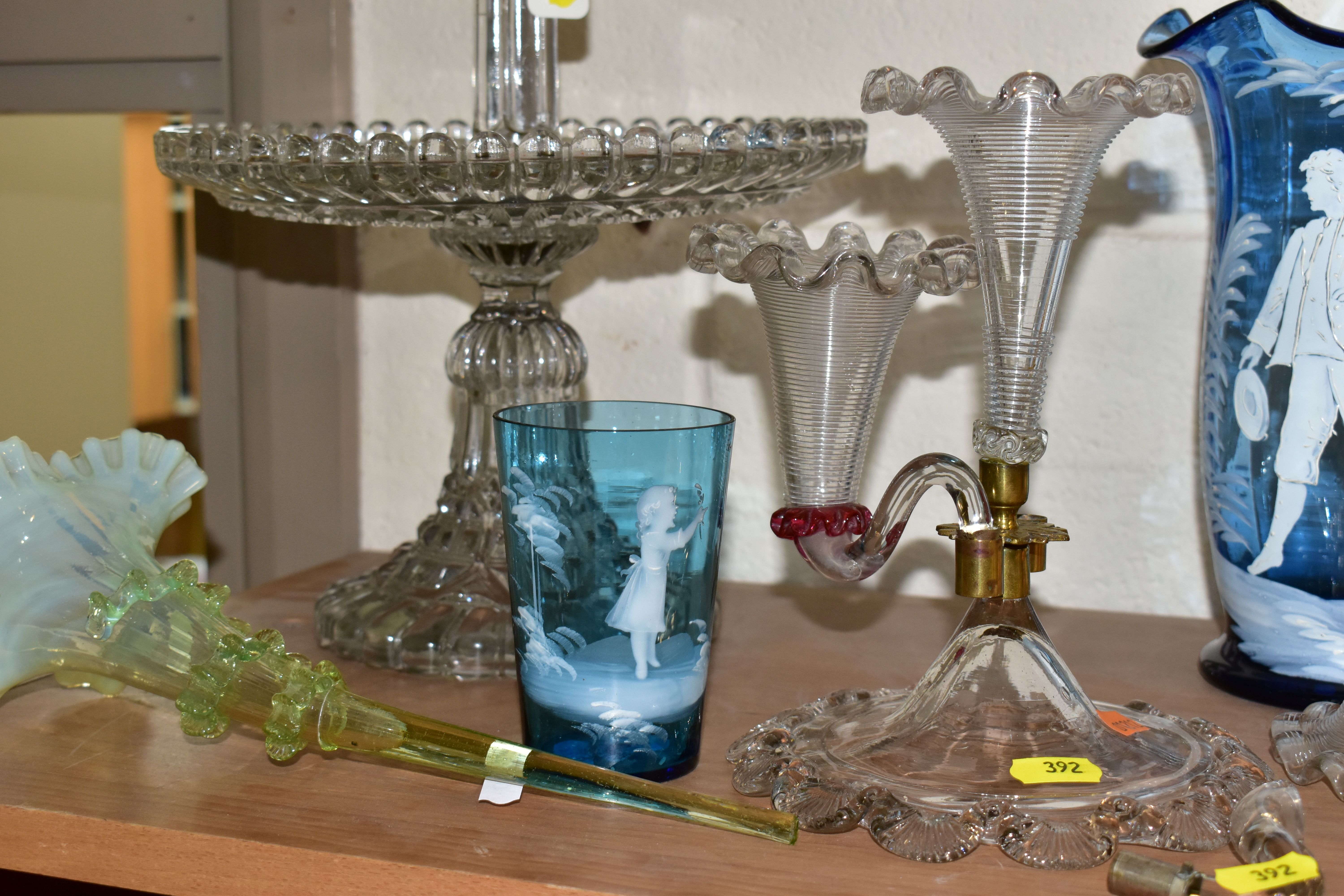 A PAIR OF IRIDESCENT LUSTRES AND OTHER LATE 19TH AND 20TH CENTURY GLASSWARE, including a Mary - Image 4 of 8