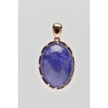 A TANZANITE CABOCHON PENDANT, comprising an oval tanzanite cabochon within a claw setting to the