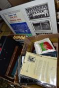 POSTCARDS, 1st DAY COVERS & FOOTBALL EPHEMERA, two boxes and loose containing a collection of modern
