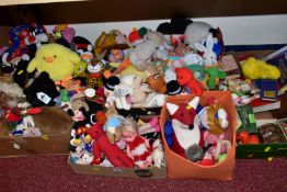 FIVE BOXES OF CHILDREN'S SOFT TOYS AND GAMES, to include 'Bearington Collection' bears, Mickey