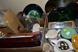 FIVE BOXES AND LOOSE CERAMICS, GLASSWARE AND MISCELLANEOUS ITEMS, to include a pale blue glass 1940s