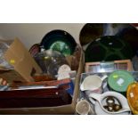 FIVE BOXES AND LOOSE CERAMICS, GLASSWARE AND MISCELLANEOUS ITEMS, to include a pale blue glass 1940s