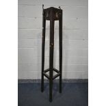 A STAINED BEECH SQUARE TAPERED HAT/COAT STAND, with three brass hooks, height 186cm