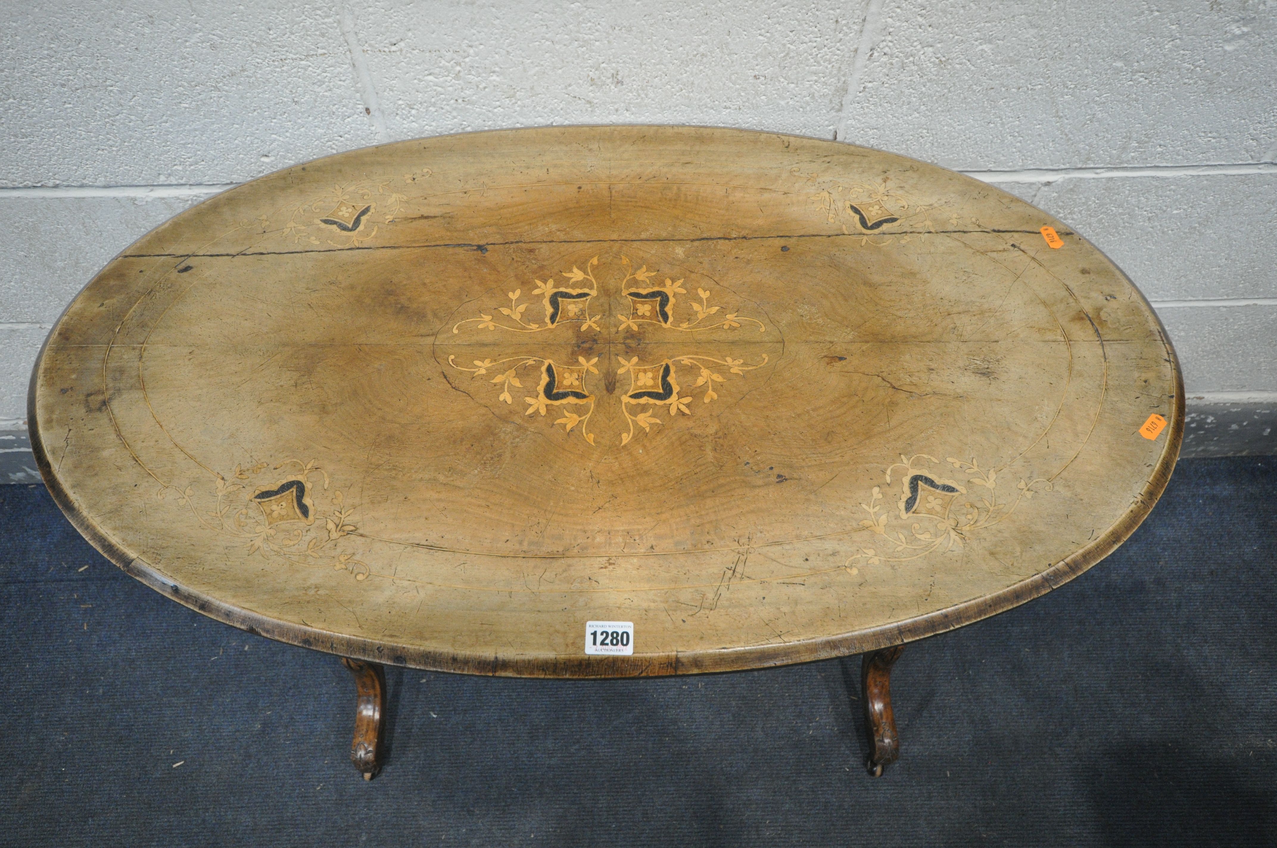 A VICTORIAN OVAL WALNUT CENTRE TABLE, with floral marquetry inlay, with turned supports, on carved - Image 2 of 6