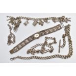 TWO SILVER ALBERT CHAINS, A WATCH AND A CHARM BRACELET, the first a graduated silver albert chain,