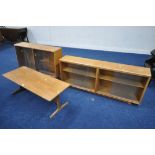 TWO LOW MID-CENTURY OAK GLAZED BOOKCASES, largest bookcase size, width 152cm x depth 26cm x height