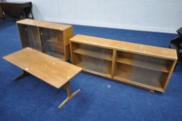 TWO LOW MID-CENTURY OAK GLAZED BOOKCASES, largest bookcase size, width 152cm x depth 26cm x height